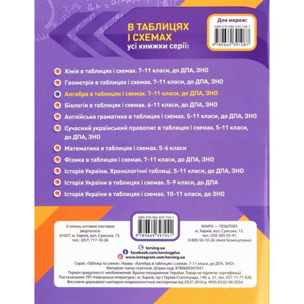 Алгебра в таблицях і схемах. 7-11 класи. Допомога у підготовці до ДПА, ЗНО