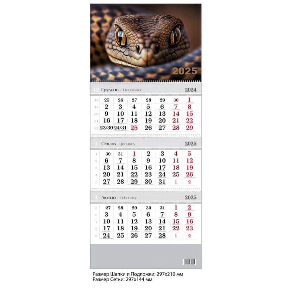 Календар настінний, квартальний. 2025 рік. Змія коричнева