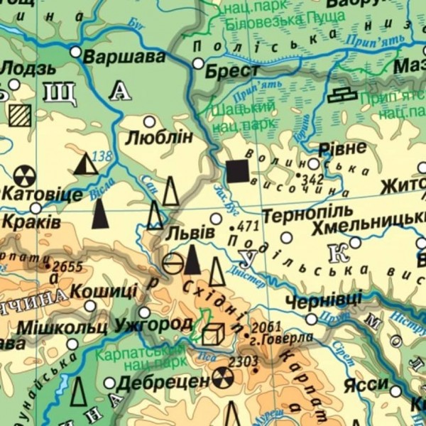 Європа. Фізична карта ламінована, М 1:5 000 000 (на картоні, на планках)