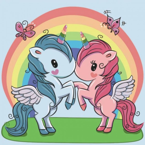 Картина за номерами Strateg ПРЕМІУМ Єдинорожки під веселкою з лаком розміром, 30х30 см, ES004