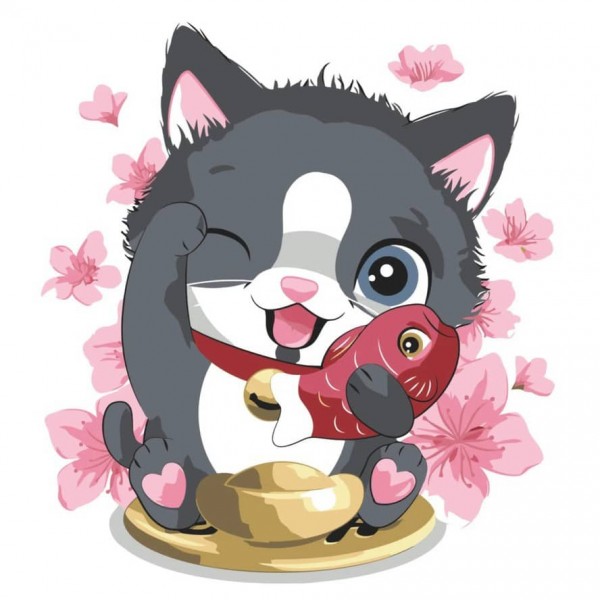 Картина за номерами Strateg ПРЕМІУМ Котик з рибкою з лаком розміром 30х30 см, ES081