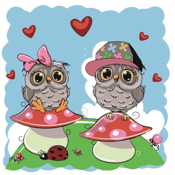 Картина за номерами Strateg ПРЕМІУМ Совенята з лаком розміром 30х30 см, ES090