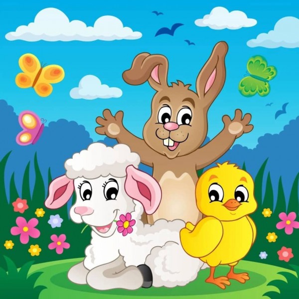 Картина за номерами Strateg ПРЕМІУМ Тварини граються на галявині з лаком та з рівнем розміром 30х30 см, ES171