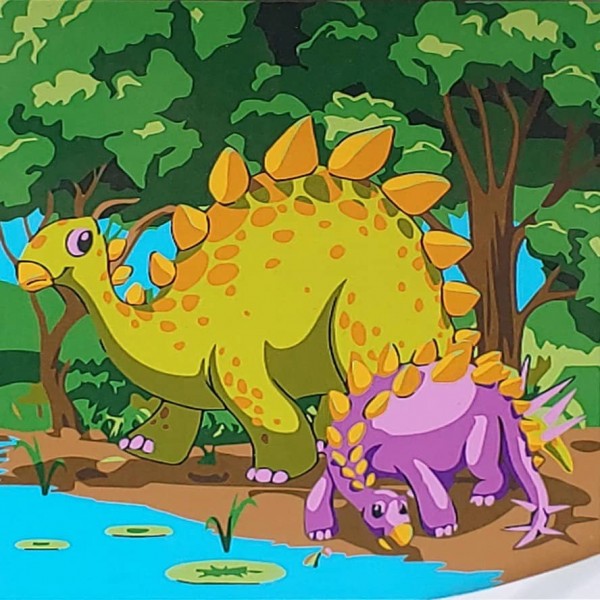 Картина за номерами Strateg ПРЕМІУМ Динозаври коло берега з лаком та з рівнем розміром 30х30 см, ES172