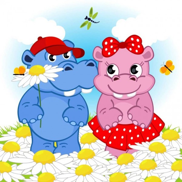 Картина за номерами Strateg ПРЕМІУМ Кохання бегемотів з лаком та з рівнем розміром 30х30 см, ES177