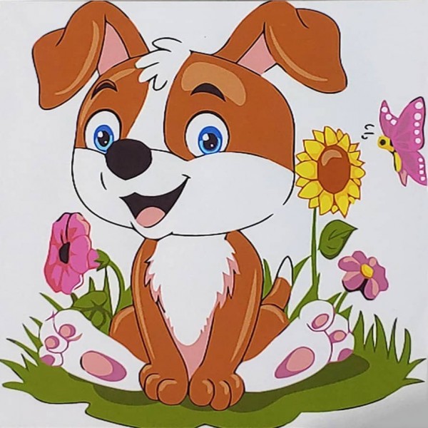 Картина за номерами Strateg ПРЕМІУМ Цуценя у квітах з лаком та з рівнем розміром 30х30 см, ES217