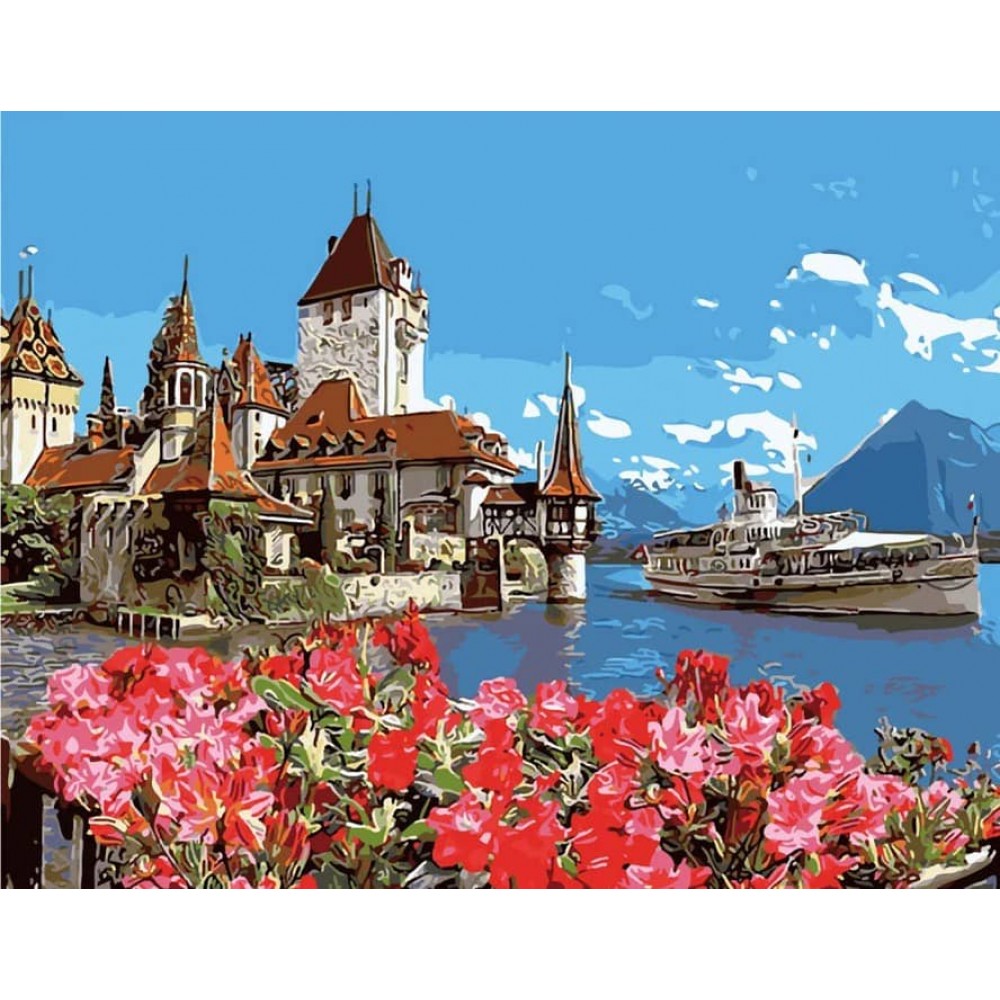 Картина за номерами Strateg ПРЕМІУМ Живописне містечко з лаком розміром 40х50см, SY6081