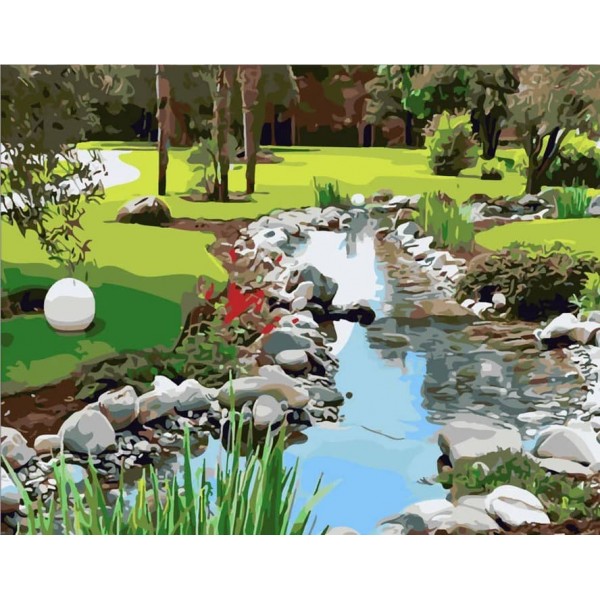 Картина за номерами Strateg ПРЕМІУМ Струмочок з лаком розміром 40х50см, SY6223