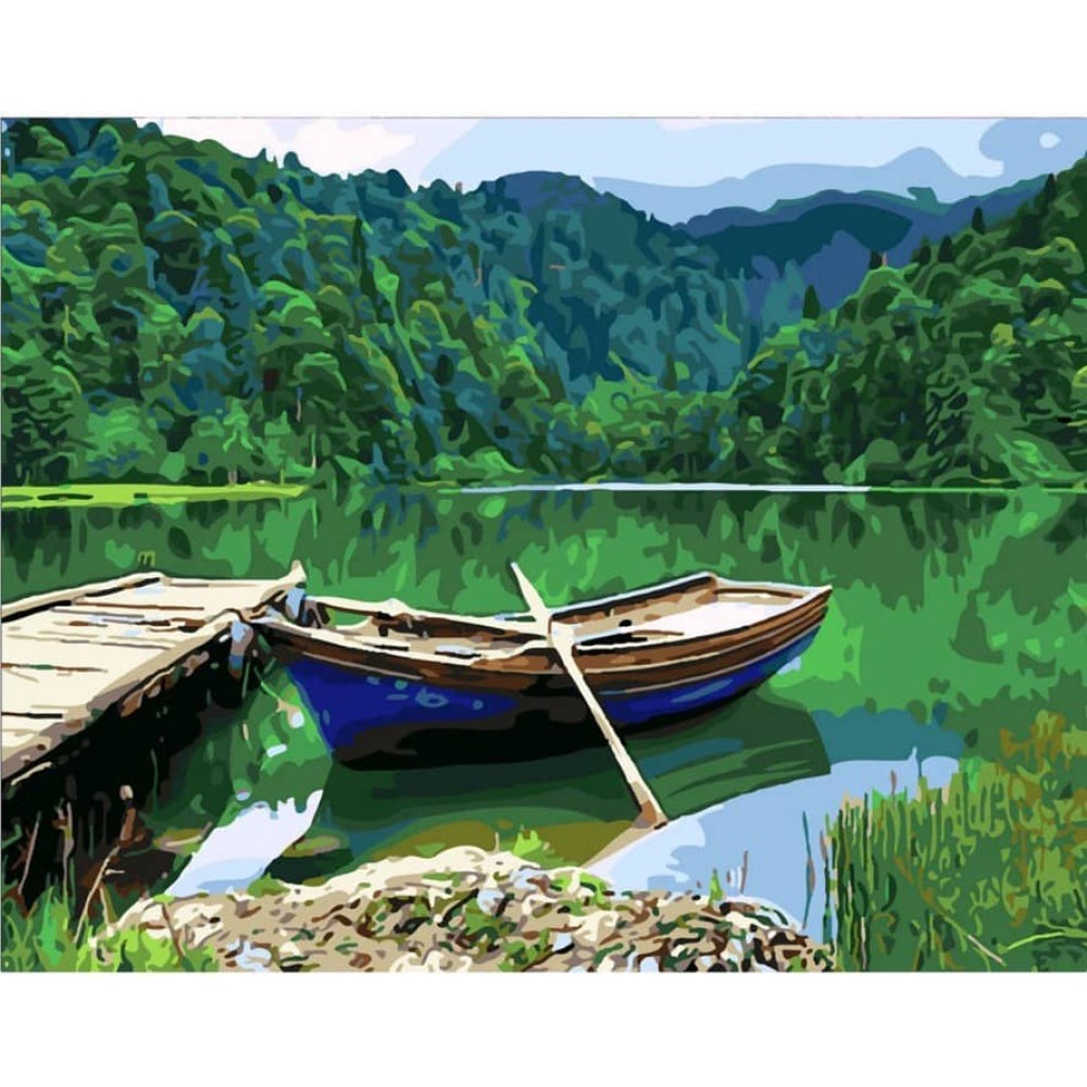 Картина за номерами Strateg ПРЕМІУМ Лодка на березі з лаком розміром 40х50см, SY6257