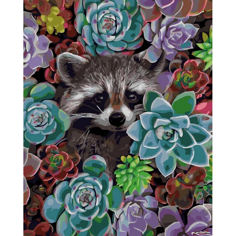 Картина за номерами Strateg ПРЕМІУМ Єнотик у квітках з лаком розміром 50х40см, SY6346