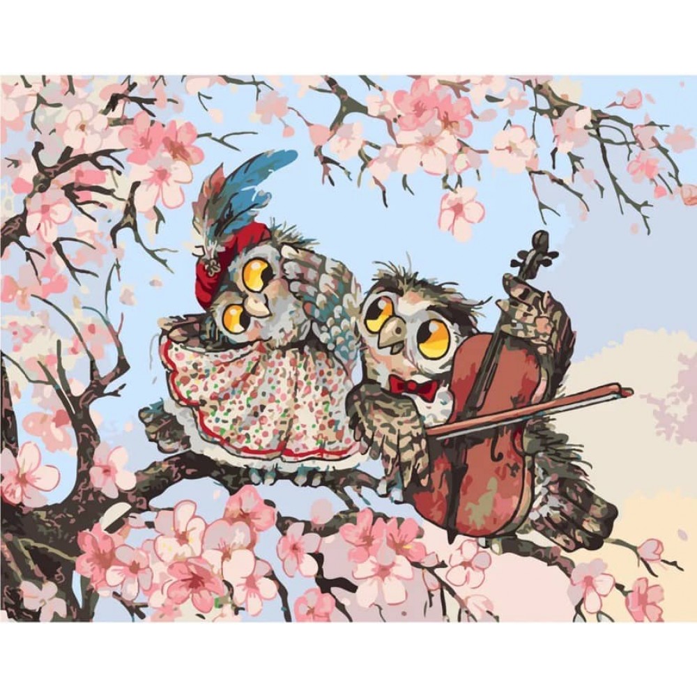 Картина за номерами Strateg ПРЕМІУМ Совушки з лаком розміром 40х50см, SY6366