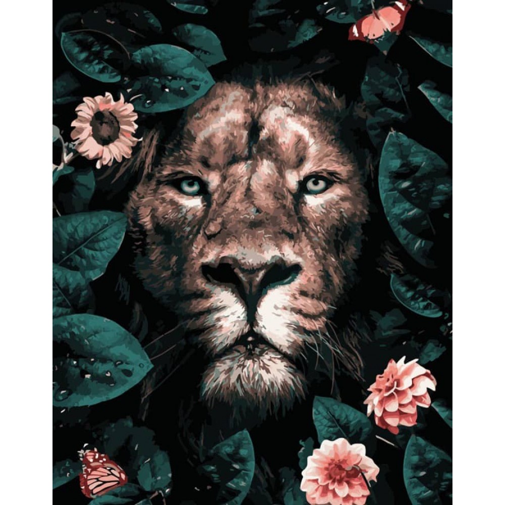 Картина за номерами Strateg ПРЕМІУМ Лев серед квітів з лаком розміром 50х40см, VA-2854