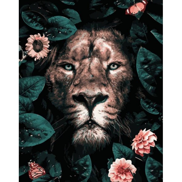 Картина за номерами Strateg ПРЕМІУМ Лев серед квітів з лаком розміром 50х40см, VA-2854