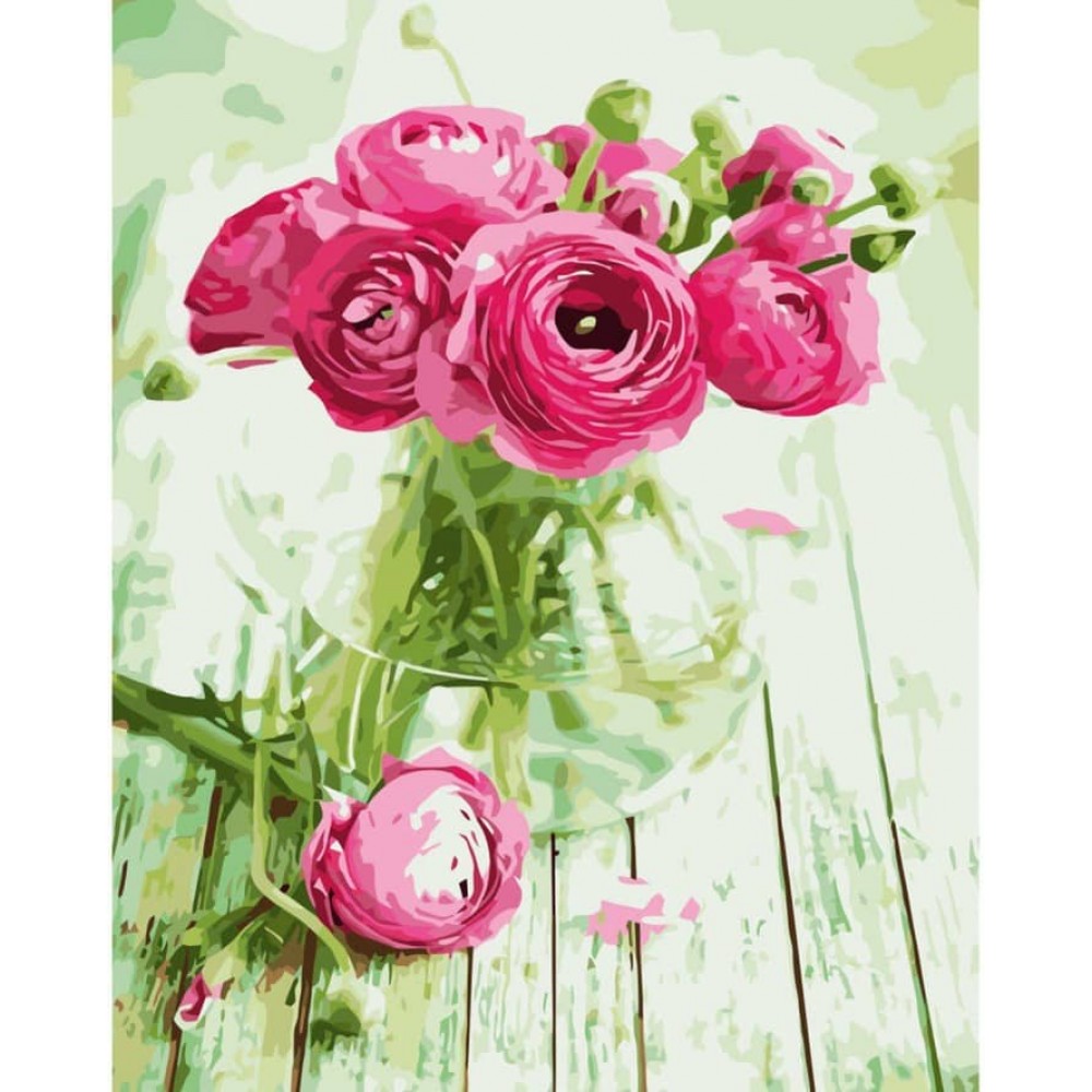 Картина за номерами Strateg ПРЕМІУМ Ваза з півоніями з лаком розміром 50х40см, VA-3314
